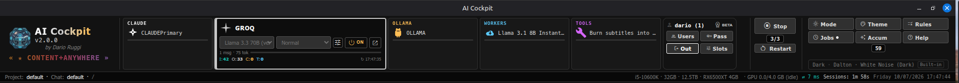 AI Cockpit supplier strip — Claude, Groq (worker), Ollama, Workers, Tools cards