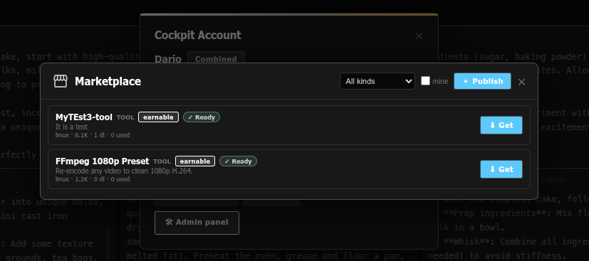 Marketplace modal listing downloadable items with compat badges