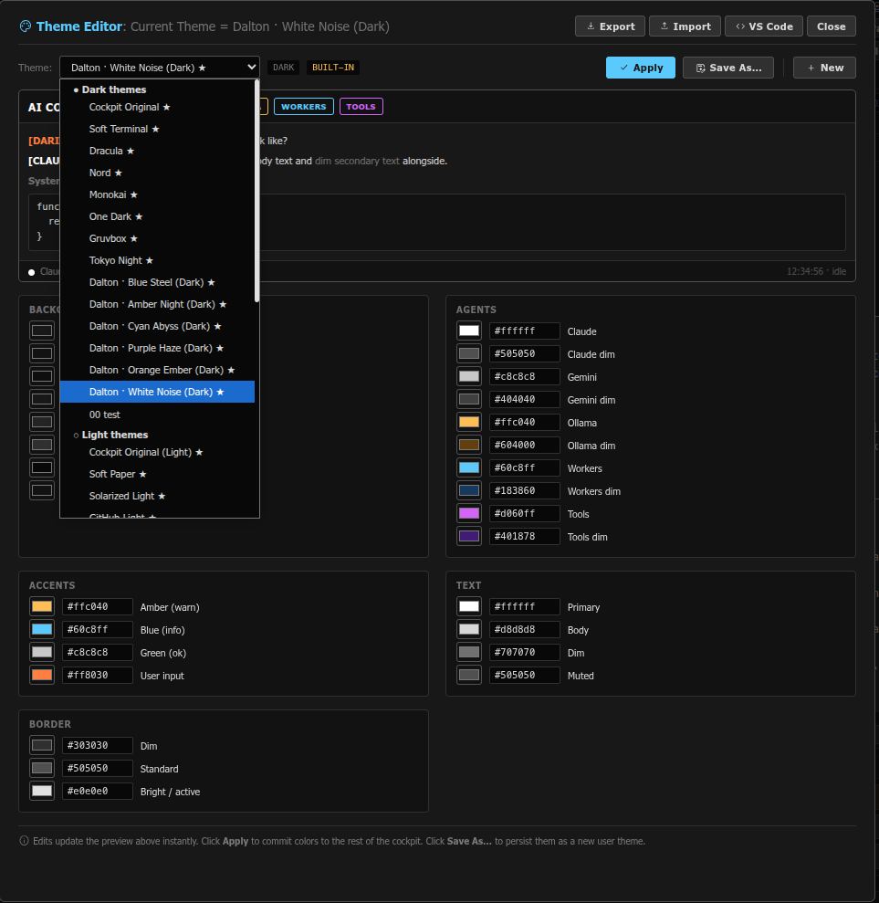 Full theme editor — palette editing, live preview