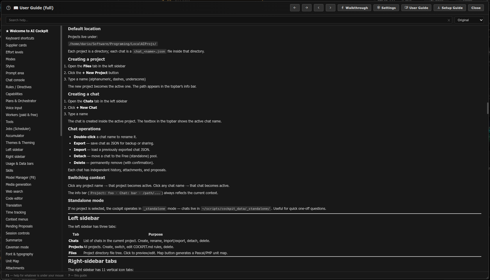 In-app User Guide, searchable and section-linked, no external browser needed
